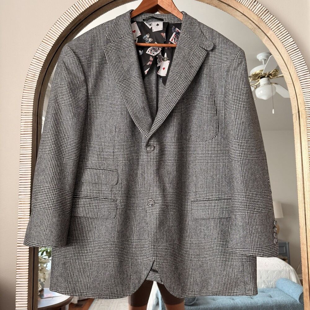Men’s 50S 100 Wool Prince of Wales Plaid Blazer Sport Coat 2 Button 22 Shoulders